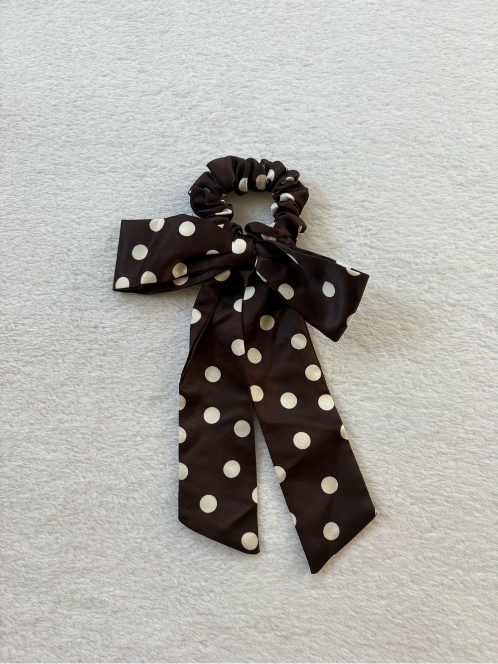 Polka Dot Bow Scrunchie Hair Tie - Brown and Cream